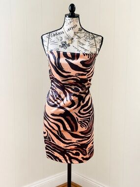 Zara Zebra Print Satin Slip Dress Mini Brown Tan Y2K Bodycon Party Size S